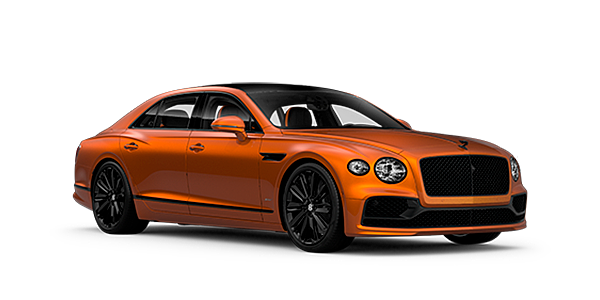 Bentley Cambridge Bentley Flying Spur Speed front side angled view in Orange Flame coloured exterior. 